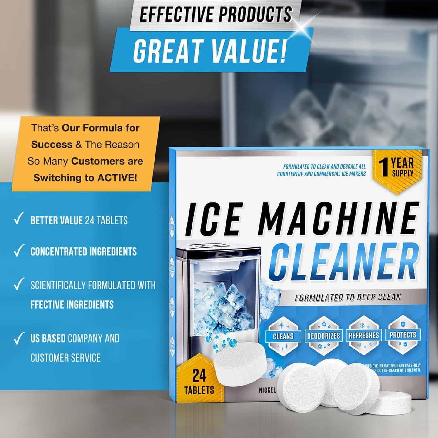 🧊✨ Ice Machine Cleaner Maker Descaler - 24 Clean Tablets Compatible