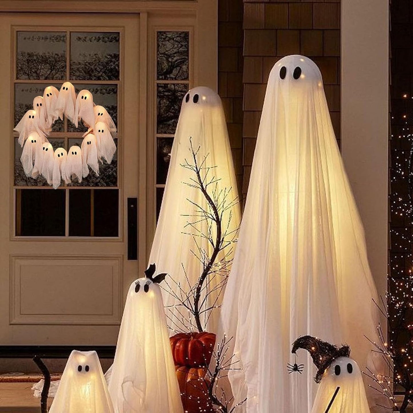 👁️Light-Up Ghost Crew Wreath 👻 Trick-or-Treat Favorite – Going Fast!
