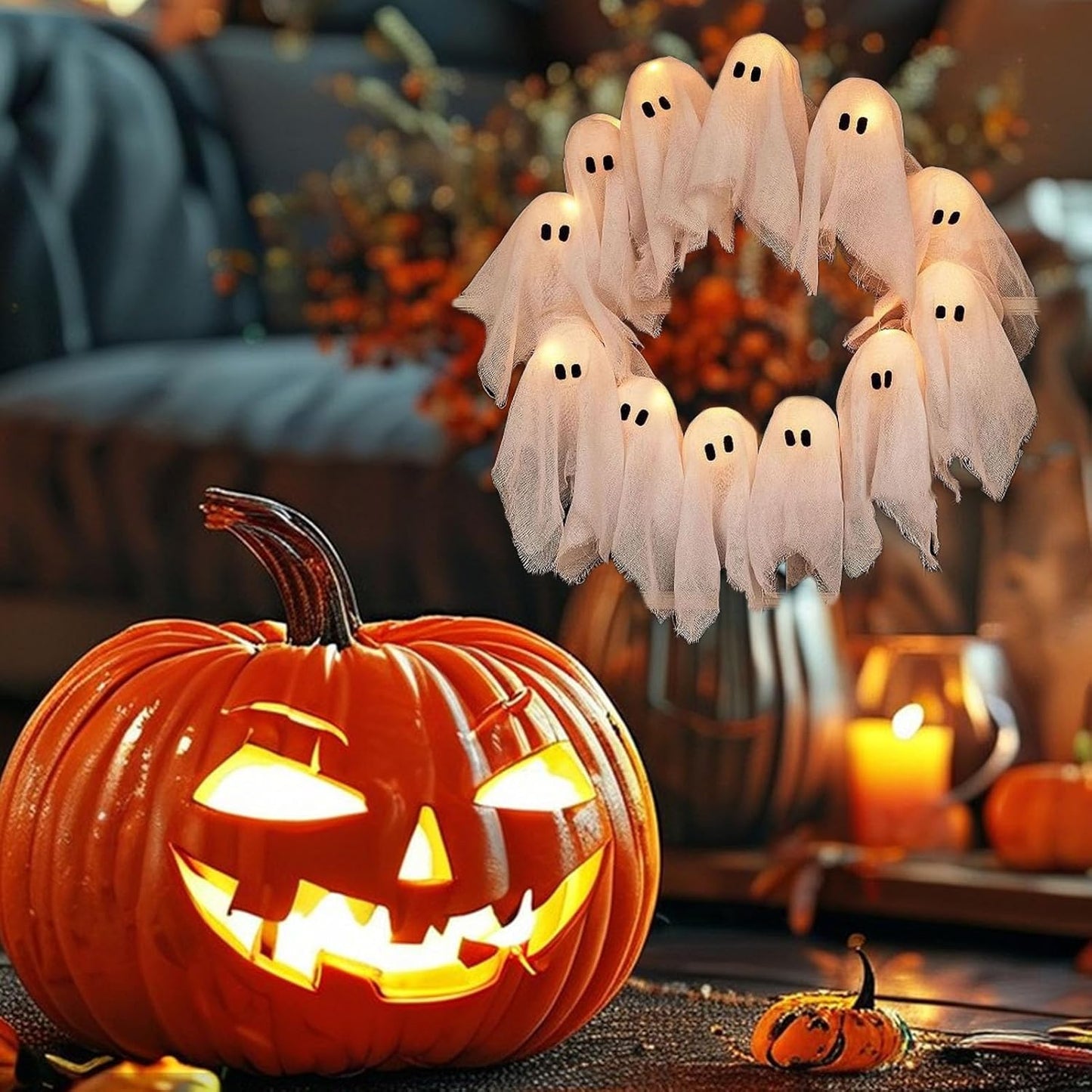 👁️Light-Up Ghost Crew Wreath 👻 Trick-or-Treat Favorite – Going Fast!
