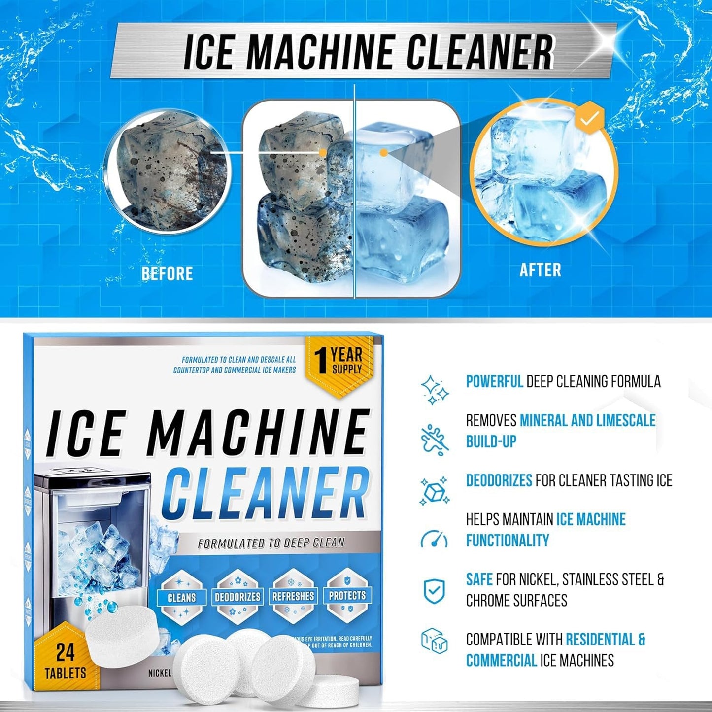 🧊✨ Ice Machine Cleaner Maker Descaler - 24 Clean Tablets Compatible